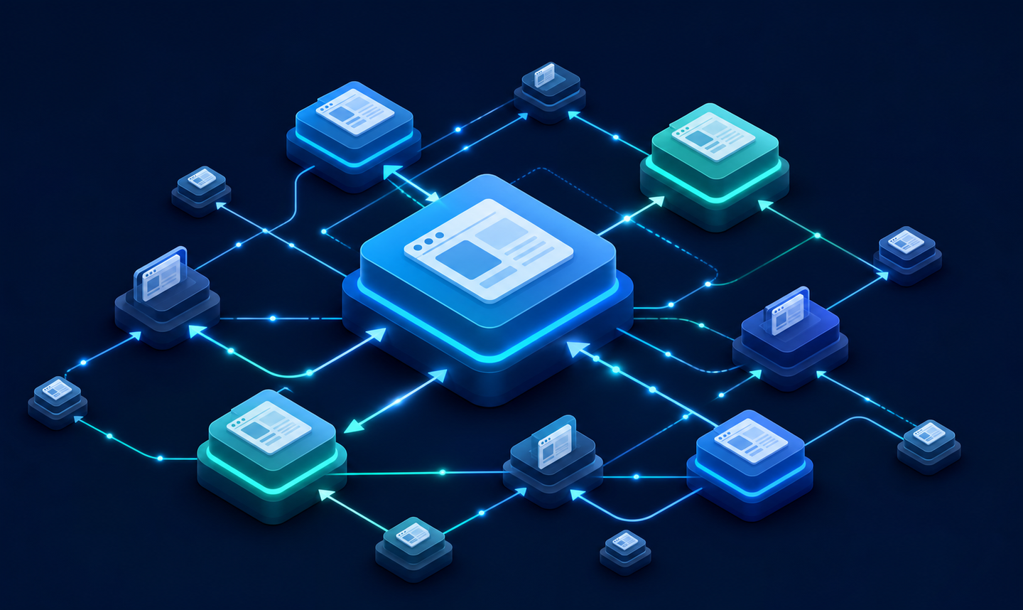 A clean isometric illustration showing a network of interconnected websites and domains represented as floating 3D blocks or nodes, linked together by glowing lines and arrows symbolizing backlinks, with varying node sizes indicating domain authority strength, set against a deep navy background with teal and blue accent colors, no text or labels