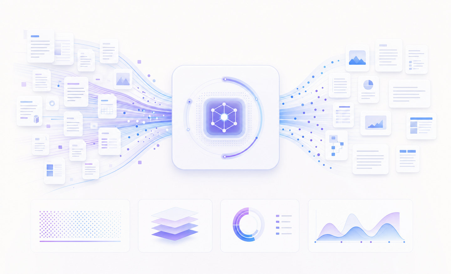 A visualization showing the concept of a massive context window for AI language models - depict an abstract representation of data flow with streams of documents, text pages, and research materials flowing into a central processing system. Use a modern tech aesthetic with blues and purples, showing the scale and capacity of processing 750,000 words simultaneously. No text or letters in the image.