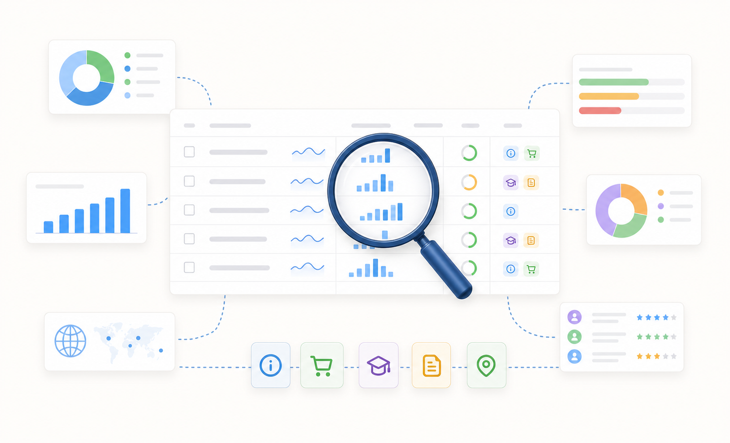 A clean, professional illustration showing keyword research concepts: a magnifying glass examining search queries, search volume bars of different heights, competition indicators, and intent symbols. Modern flat design style with blue and green color scheme, white background, conveying data analysis and SEO research workflow