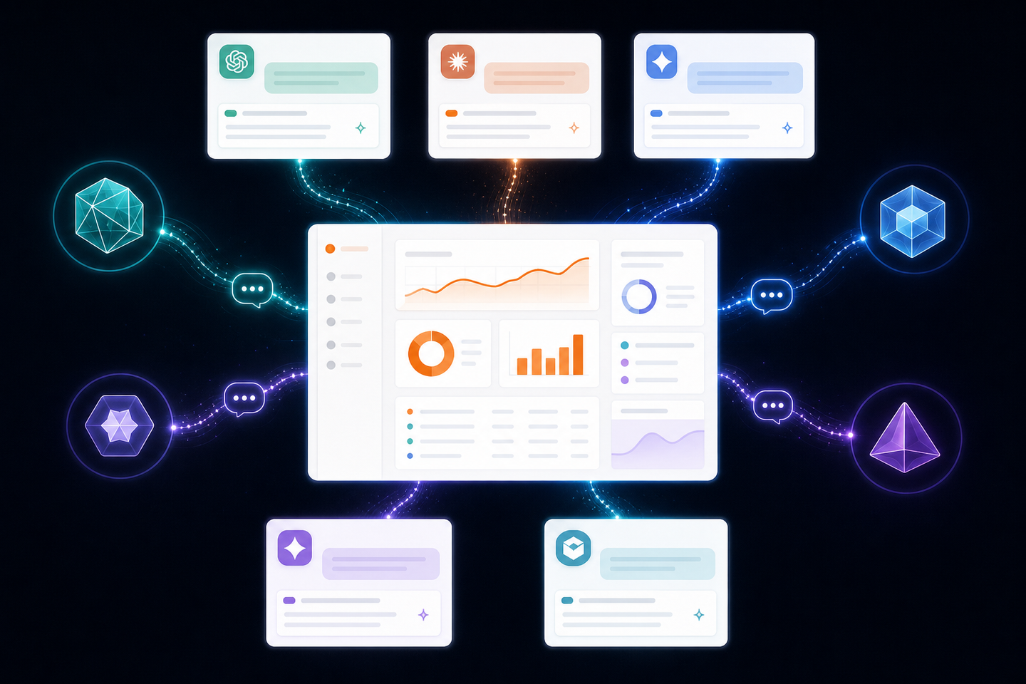 A clean, modern illustration showing multiple AI chatbot interfaces connected by glowing data streams to a central analytics dashboard. Abstract geometric shapes represent different AI engines with citation signals flowing between them. Dark background with blue and purple accent colors, futuristic but minimal style, no people, no text or labels anywhere in the image.