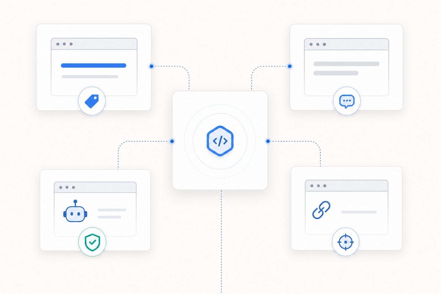 A clean, modern technical diagram showing four distinct HTML meta tag icons or symbols arranged in a grid or organized layout. Each represents a different type of meta tag: a title tag symbol, a description tag symbol, a robots directive symbol, and a canonical tag symbol. The visual style should be minimalist and professional with a tech documentation aesthetic, using blues and grays. The tags should appear active and functional, with subtle connecting lines or data flow indicators showing they're part of a working system. No text, letters, or words visible.