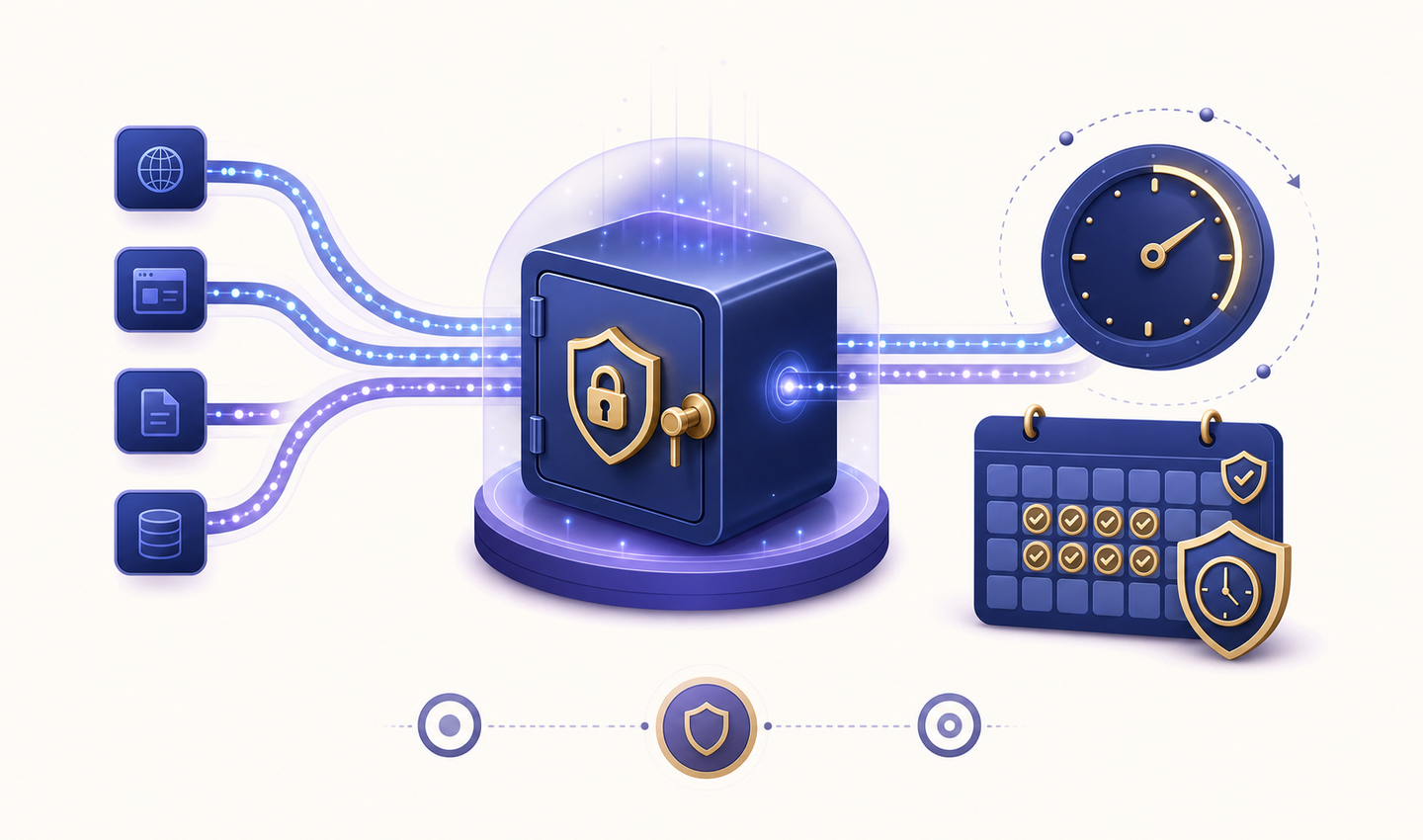 Abstract visualization of secure data storage and retention, showing encrypted data streams flowing into a secure vault or container, 30-day timeline concept represented through visual elements like clock mechanisms or calendar grids, deep blue and purple color scheme with golden accents for security locks, modern minimalist technical illustration style, clean geometric shapes, no text or letters