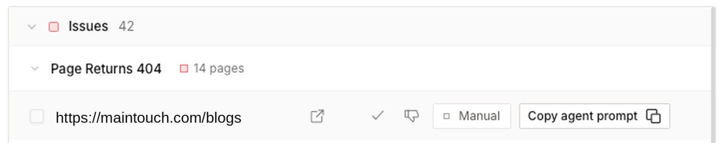Technical SEO status view in Maintouch