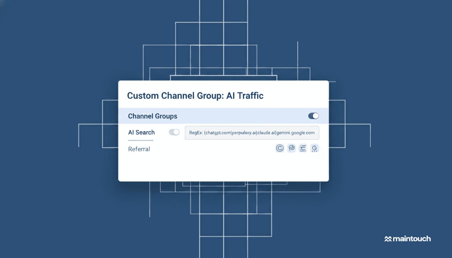 Clean, modern illustration of Google Analytics 4 dashboard interface showing custom channel group setup for AI traffic tracking. Display a simplified GA4 admin panel with