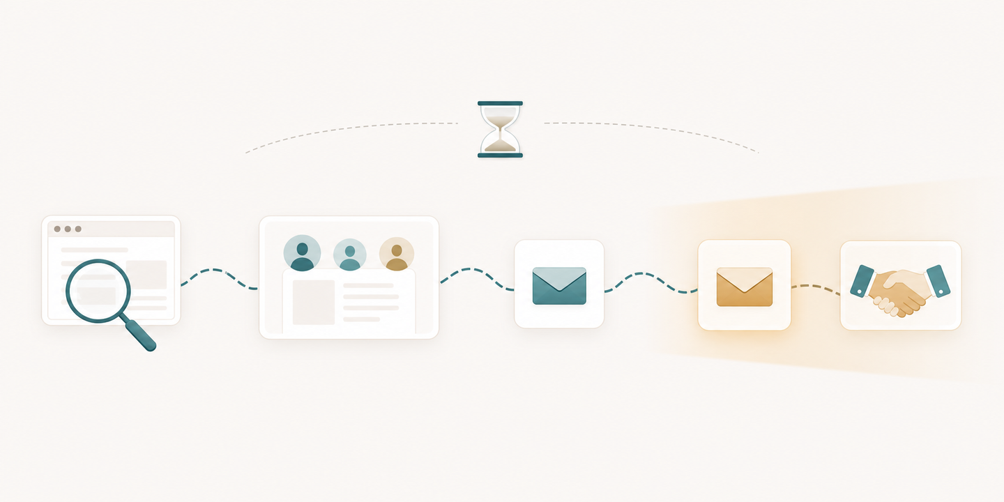 Create a clean editorial illustration for a B2B article section about why last-touch attribution misses earlier organic search contributions during long sales cycles. Wide landscape composition on an off-white background, restrained navy, teal, and muted amber palette. Show a winding left-to-right buyer journey: a magnifying glass over a blank browser-shaped panel, connected to several colleague avatar silhouettes sharing a page, then an envelope icon, then a handshake at the far right. Use a continuous teal thread connecting all touchpoints, with generous distance and a small hourglass between the initial discovery and the final handshake to convey elapsed time. A narrow amber spotlight illuminates only the final envelope and handshake while the teal thread keeps the earlier discovery visible, illustrating the limitation of last-touch credit. Precise flat vector style with subtle depth, ample negative space, professional and measured rather than promotional. Entirely pictorial: no text, words, letters, numbers, labels, logos, captions, or watermarks.