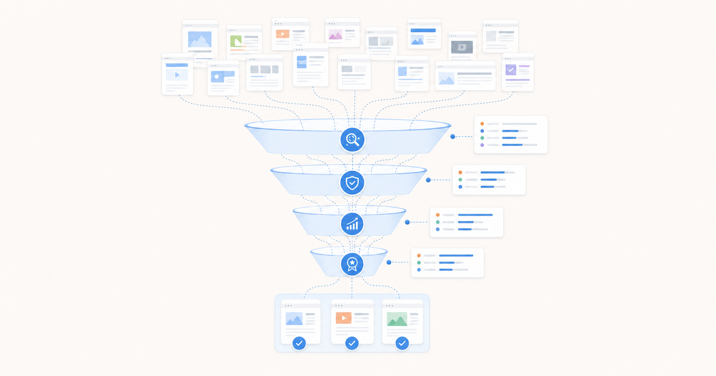 A professional diagram showing a filtering funnel system with multiple gates or checkpoints, representing content selection process. Digital interface style with abstract representations of web pages being filtered through quality assessment stages. Clean, modern illustration with blues and grays, showing content flowing through progressive filters from many sources down to a few selected items. No text or letters.