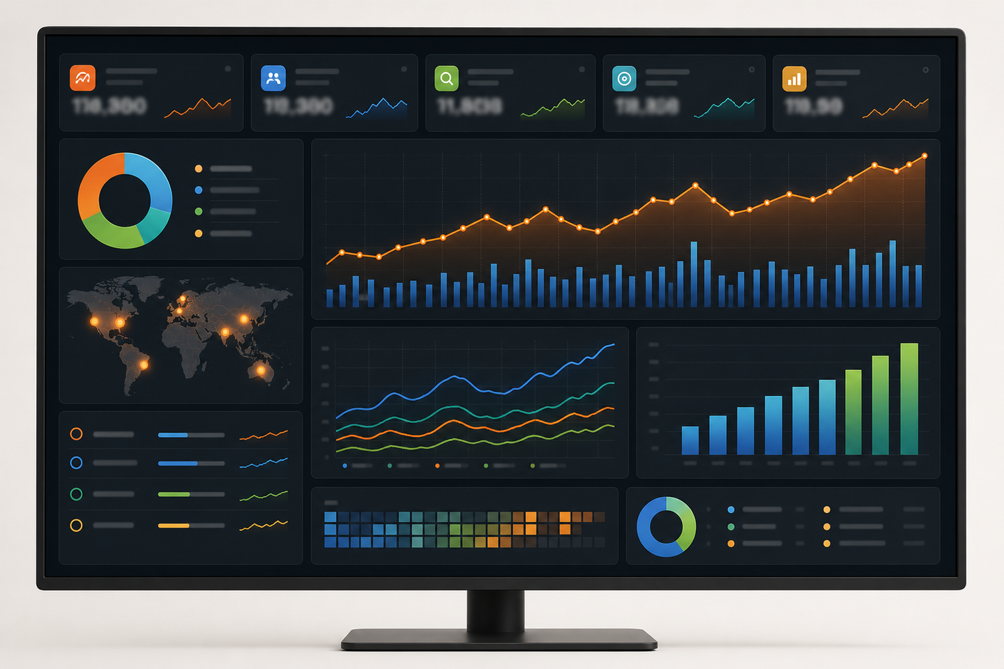A clean, modern SEO analytics dashboard displayed on a large monitor screen, showing colorful charts and graphs including line graphs tracking organic traffic over time, bar charts for keyword rankings, donut charts for conversion rates, and a world map with traffic sources highlighted. The interface has a dark background with glowing data visualizations in blue, green, and orange tones. Multiple metric cards showing numerical KPIs are arranged in a grid layout. The overall aesthetic is professional and data-rich, with a sleek minimalist design. No text, labels, or words anywhere in the image.