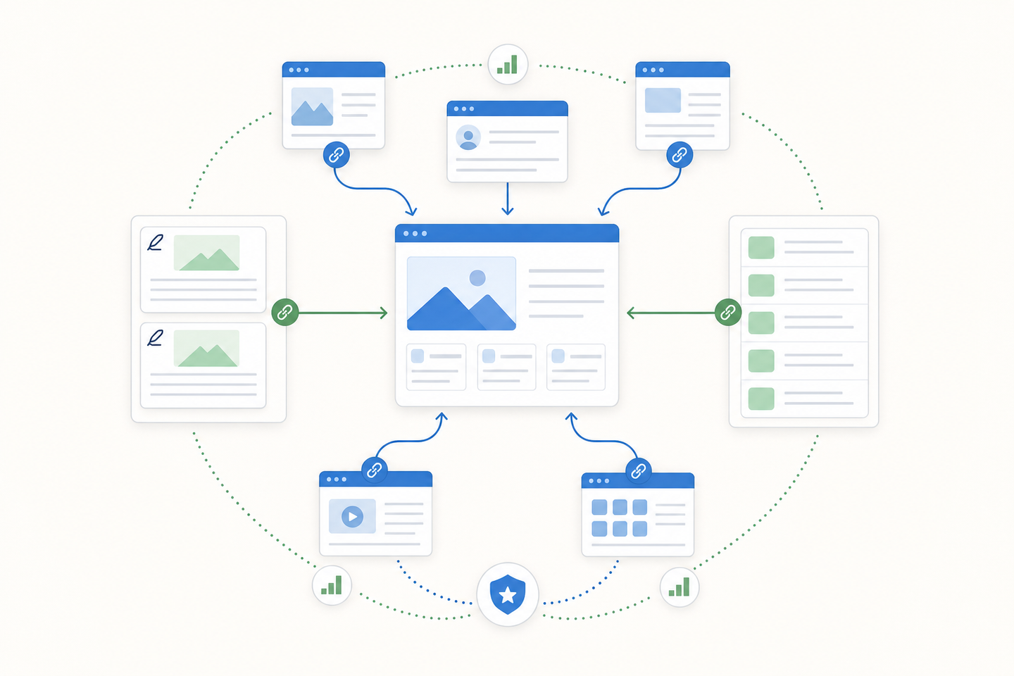 A clean, professional illustration showing backlink building concepts: multiple websites connected by linking arrows flowing toward a central website, guest blog posts represented as documents, resource pages as organized lists, and link equity flowing between sites. Modern flat design style with blue and green color scheme, white background, depicting the ecosystem of quality backlinks and link building strategies