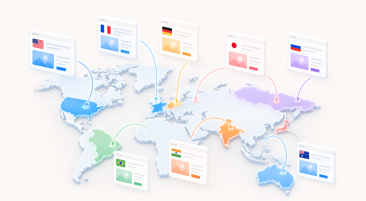 A clean isometric illustration showing a world map with multiple glowing country outlines, each connected by curved directional arrows to matching flag-colored page cards floating above them, representing different language and regional versions of a webpage being routed to the correct country — soft blue and white color palette, modern flat design, no text or letters anywhere