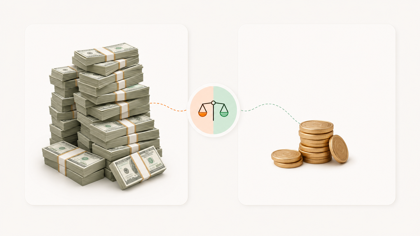 A clean, modern illustration showing a visual comparison between two paths: on one side, a large stack of money bills representing expensive agency retainers, and on the other side, a small neat pile of coins representing affordable software subscriptions. The contrast should be clear and dramatic, using a minimalist style with a light background. No text or words in the image.