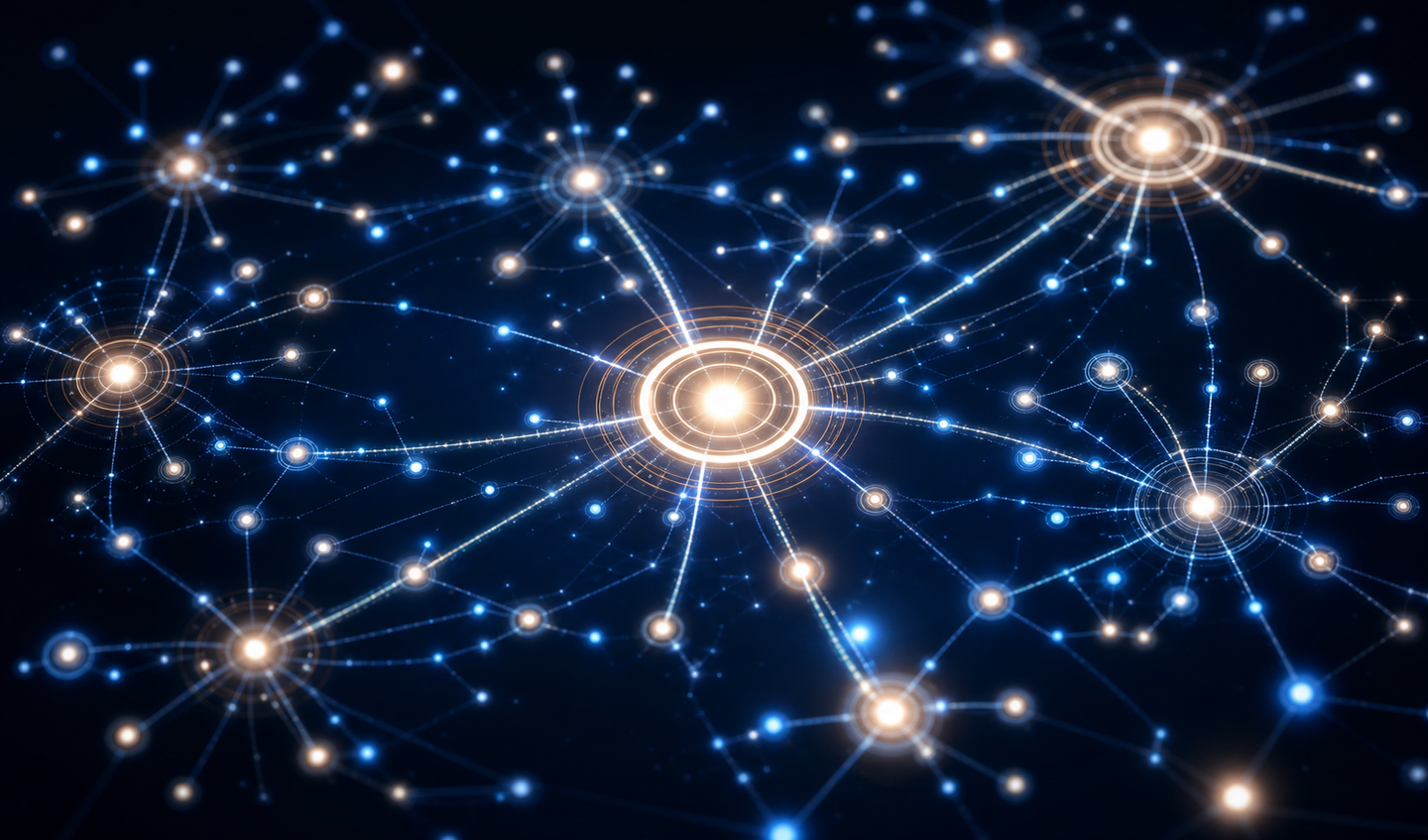 A network of interconnected glowing nodes and links forming a web structure, with some nodes visibly larger and brighter representing high-authority domains, smaller nodes connected to them through glowing pathways, abstract digital visualization on a dark background with blue and white light trails, representing the concept of domain authority and backlink networks in search engine optimization