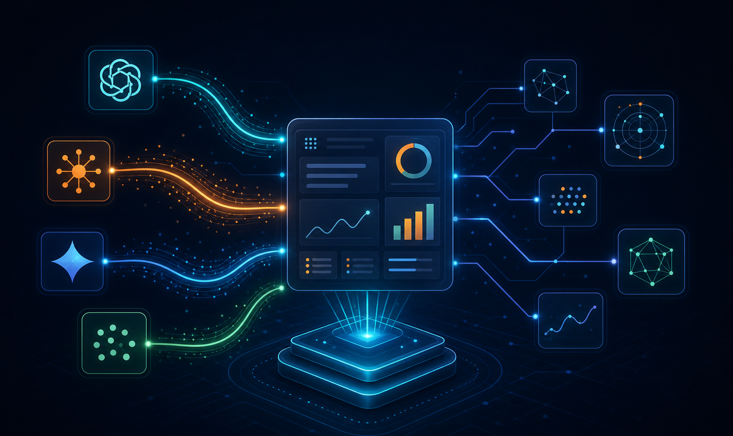 A abstract digital visualization of AI search citation tracking: multiple glowing data streams flowing from different AI engine nodes into a central monitoring dashboard, represented as interconnected geometric shapes and nodes on a dark background with deep blue and teal tones, circuit-like pathways, no text or labels, clean and modern tech aesthetic