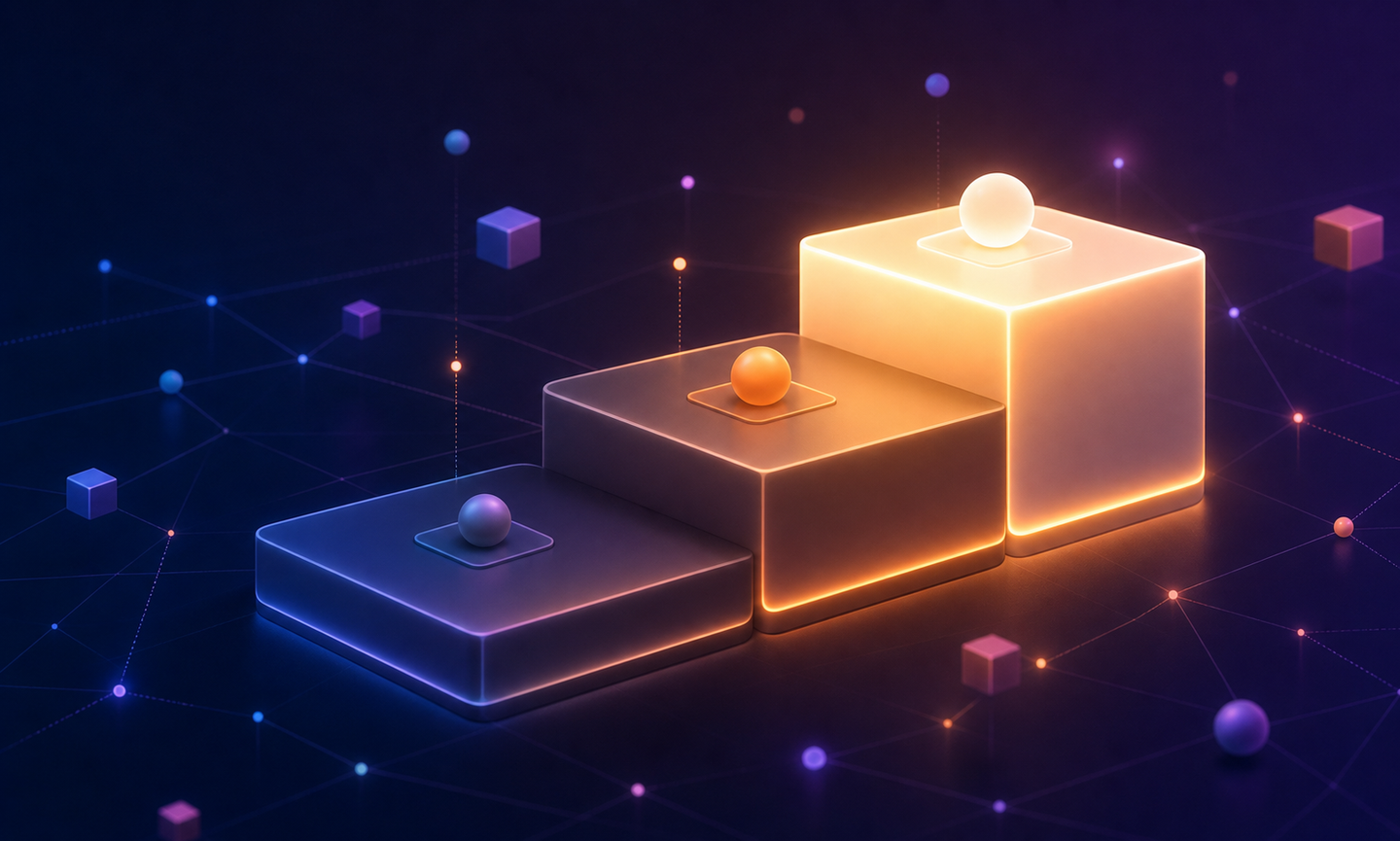 Three ascending stepped tiers or platforms, each glowing with increasing brightness from dim to bright, representing software subscription levels, dark background with deep blue and purple gradients, abstract geometric shapes suggesting data nodes and connection lines, futuristic minimalist design, no text or labels