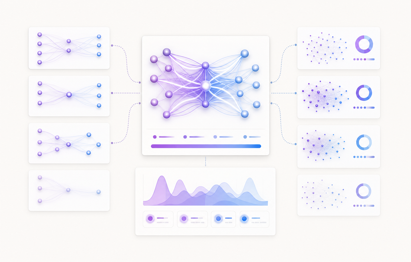 A clean, modern visualization showing abstract AI neural network nodes in comparison, with performance metrics represented by glowing connection pathways of varying intensities, professional tech illustration style, purple and blue color scheme, minimalist design showing comparative analysis between different AI systems