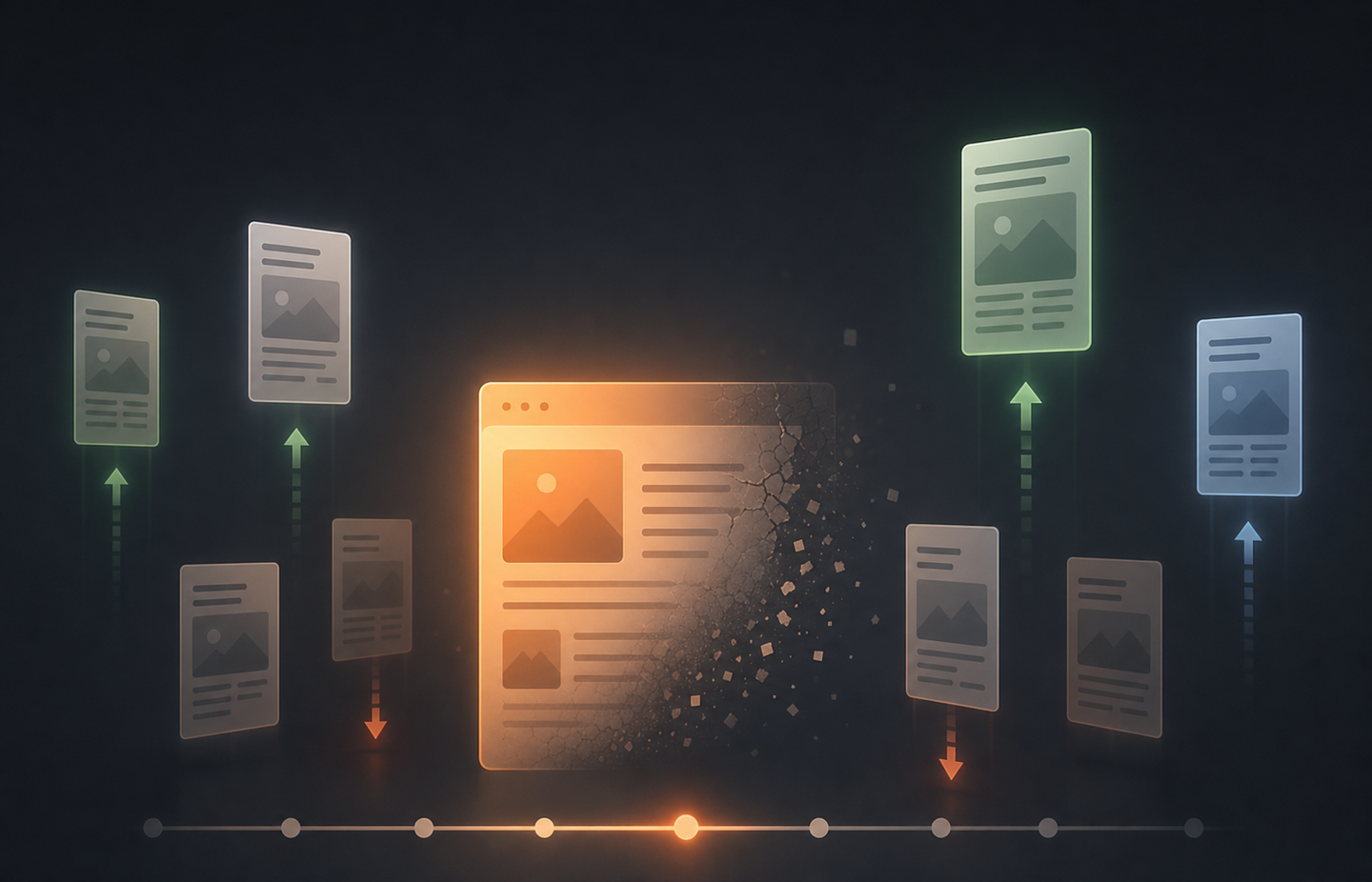 A visual metaphor showing digital content fading and decaying over time — a glowing webpage or document gradually dimming and losing brightness, surrounded by competing documents rising higher, set against a dark background with abstract upward and downward arrows representing ranking positions shifting