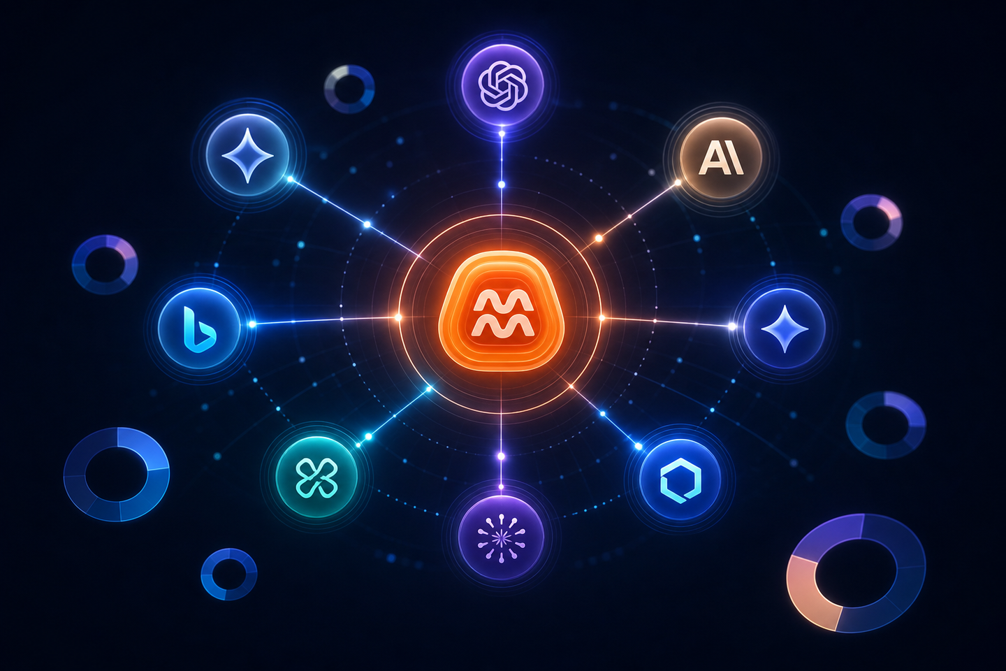 A sleek dark-themed digital dashboard showing multiple AI engine logos represented as glowing nodes connected by light beams in a network graph, with citation percentage rings and circular progress indicators floating in the foreground, abstract data visualization with blues and purples, futuristic interface aesthetic, no text or labels