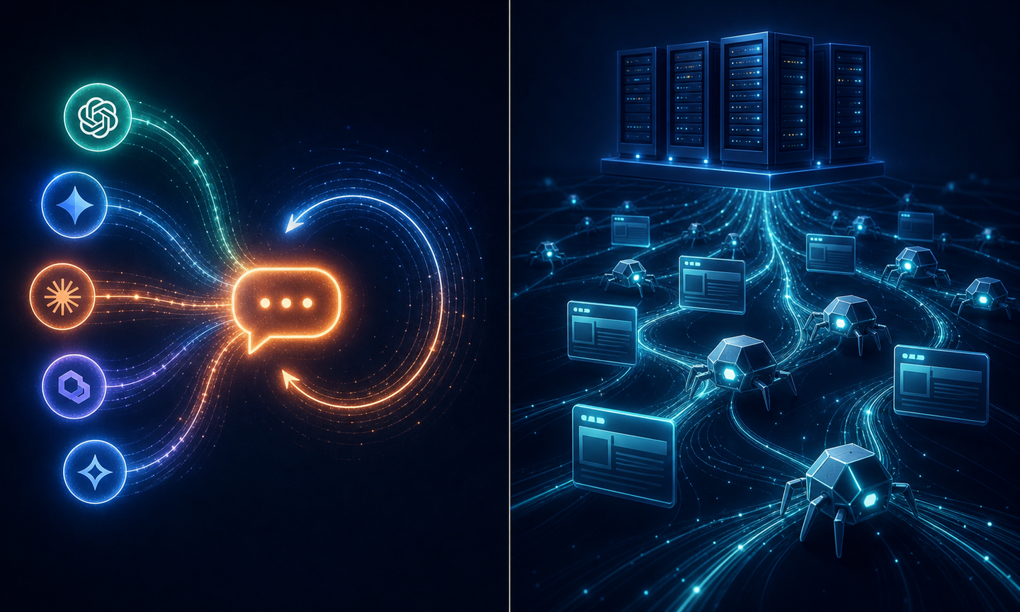 Abstract split-screen visualization showing two parallel data flows: on the left, a glowing prompt bubble sending signals outward to multiple AI engine icons represented as luminous orbs, with detection and response loops illustrated by curved light beams; on the right, a server infrastructure diagram with network log lines and digital crawlers represented as small geometric bots traversing web page nodes connected by fiber-like strands, deep blue and teal color palette on a dark background, no text or labels, futuristic technical diagram style