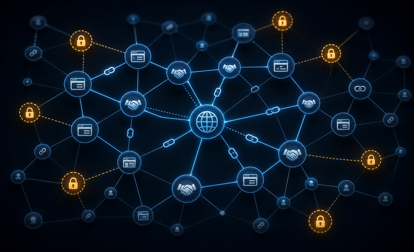A sophisticated supply chain network diagram rendered as a dark abstract visualization: interconnected nodes representing publishers, websites, and link sources connected by glowing pathways, with handshake symbols and chain links woven into the network, showing the complex web of relationships required for backlink procurement. Some nodes are locked or inaccessible, highlighted in amber, illustrating barriers to entry. Dark background with deep blue and gold accent colors, clean minimalist style, no text or labels.
