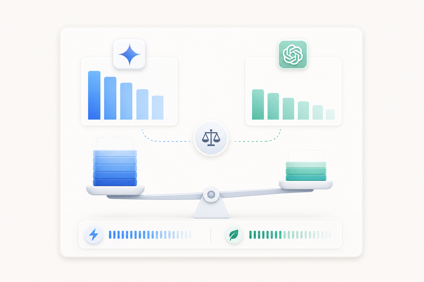 A clean, modern data visualization showing cost comparison between two AI models. Abstract geometric representation with bar charts or stacked elements comparing price-per-token ratios. Use professional business aesthetic with gradients in blues and greens. Show the concept of efficiency and value through balanced scales or comparison metrics. Minimalist tech style with no text or numbers, just visual representation of cost-benefit analysis.