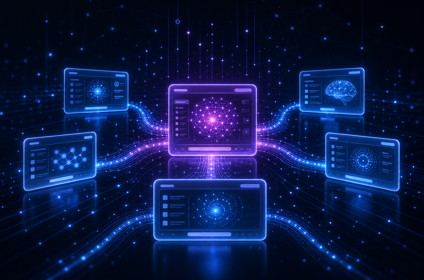 A futuristic digital landscape showing multiple AI engine interfaces glowing in blue and purple light, with interconnected nodes and data streams flowing between them, abstract neural network patterns in the background, representing AI-powered search and answer engines processing queries simultaneously, clean minimalist style with dark background
