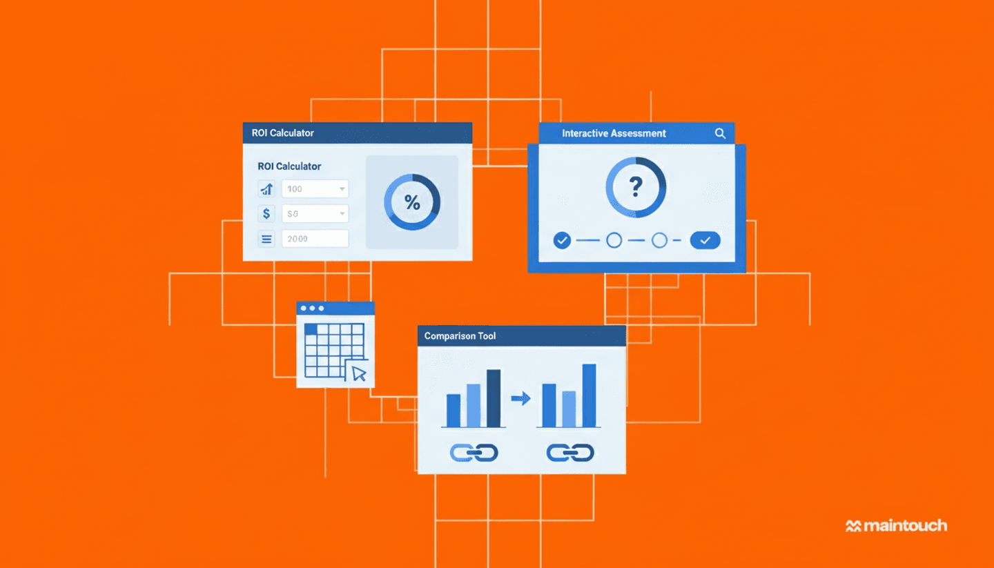 Modern flat design illustration showing free interactive tools and calculators for backlink building. Display a clean dashboard or toolkit interface featuring: ROI calculator with number inputs and results, spreadsheet template icon, interactive assessment quiz interface, and comparison tool. Use professional blue and gray color scheme. Show these tools as attractive, user-friendly interfaces that solve problems instantly. Minimalist business illustration style with icons representing metrics, calculations, and instant results. No text needed in image.