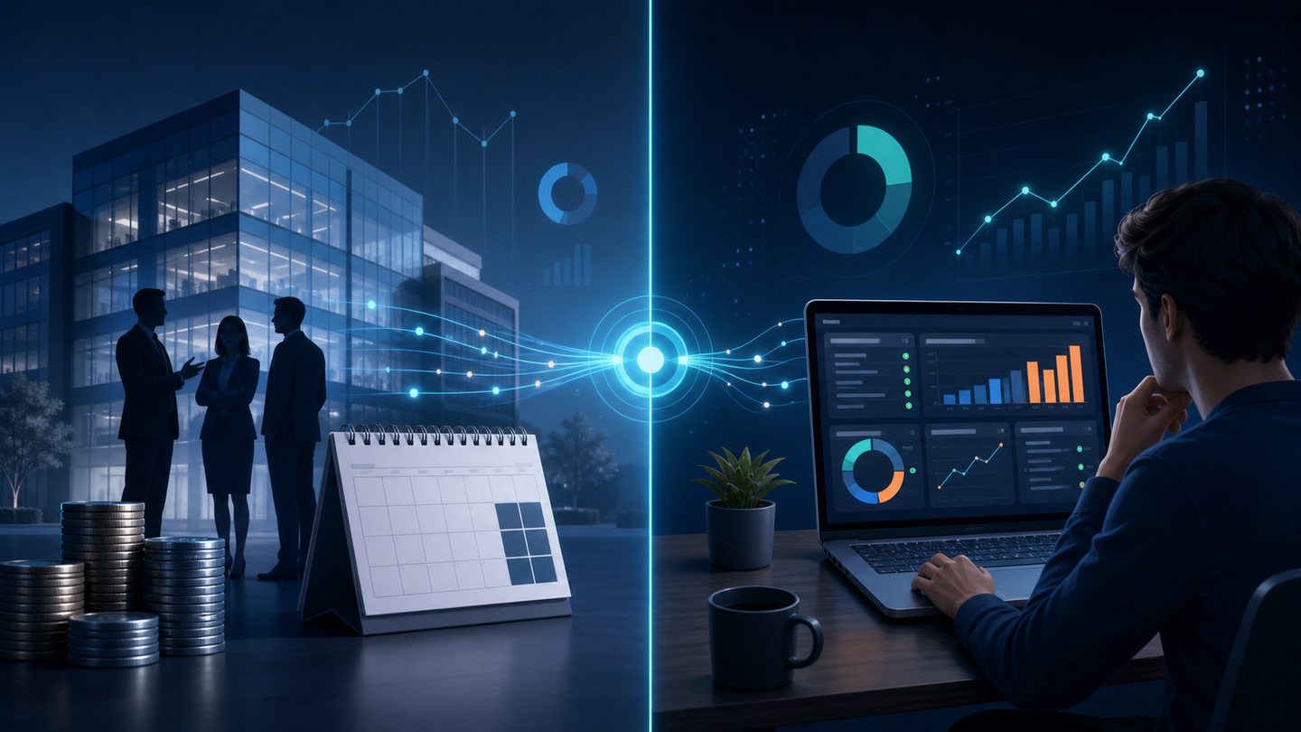 A clean, modern split-screen illustration showing two sides of a business decision comparison. On the left side, a sleek office building with a professional team silhouette representing an agency, with stacks of coins and a calendar showing contract lock-in. On the right side, a laptop screen with dashboard analytics and a single focused person at a desk representing a self-serve tool. The scene uses a cool blue and teal color palette on a dark navy background, with subtle glowing data lines connecting the two sides at the center. Abstract financial graph lines and circular data visualizations float in the background. No text or letters anywhere in the image.