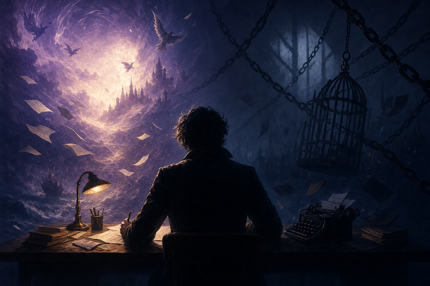 Abstract visualization of creative writing freedom, dark atmospheric scene with dramatic lighting, morally complex character silhouette in shadows, bold contrasts between light and dark areas, professional digital illustration, purple and blue tones, representing authentic storytelling without constraints