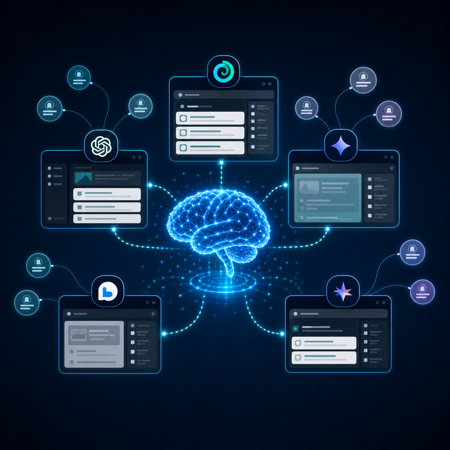 A glowing digital brain connected to five distinct AI search engine interfaces arranged in a circle, with brand logos and citation bubbles radiating outward, representing AI-powered brand visibility across multiple search platforms, dark blue and teal color palette, clean futuristic illustration style, no text or labels