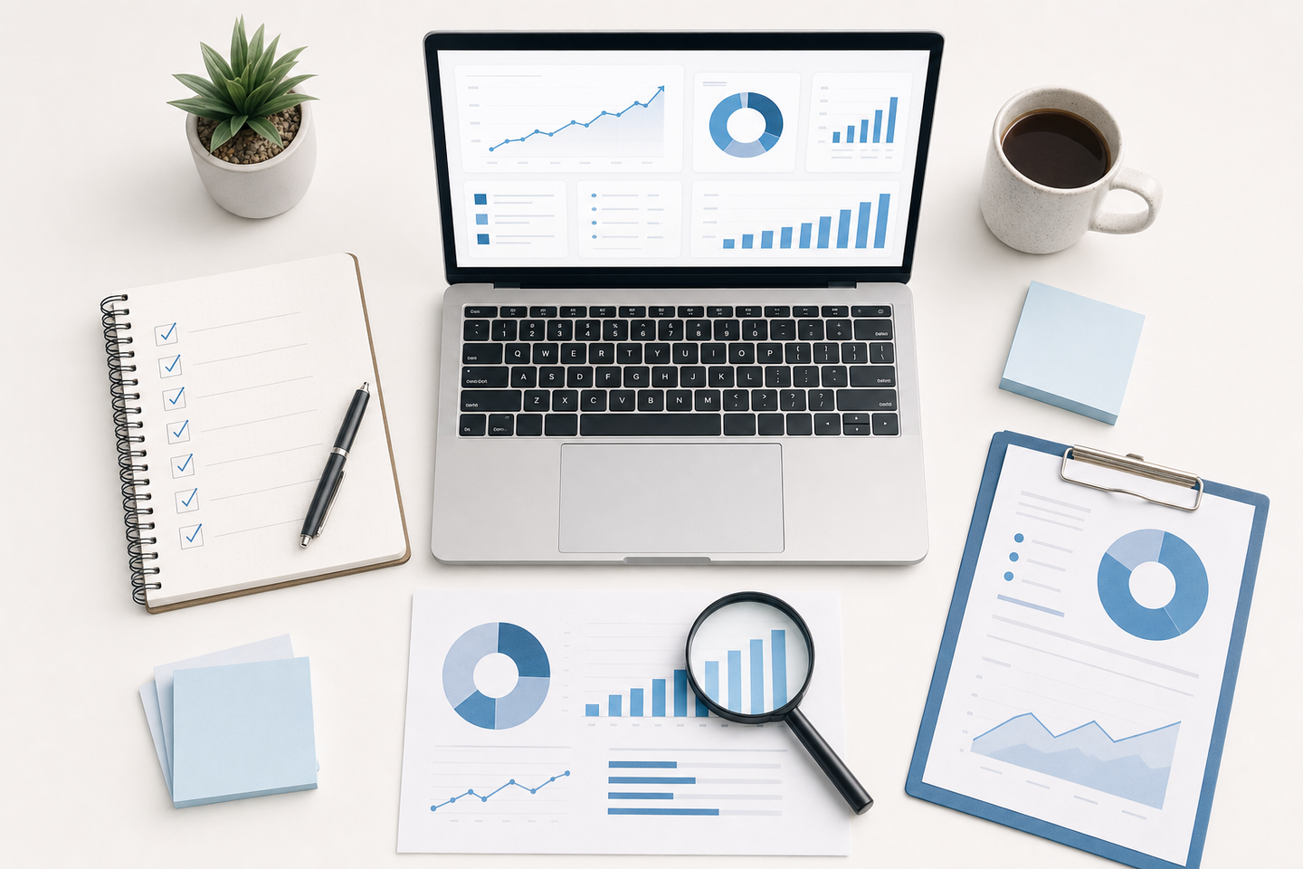 A clean overhead view of a organized workspace with a laptop showing analytics charts and upward trending graphs, a notebook with a checklist, a magnifying glass resting on printed data reports, and a coffee cup nearby — representing a systematic content optimization workflow, with soft blue and white tones, modern minimalist style, no text or labels anywhere