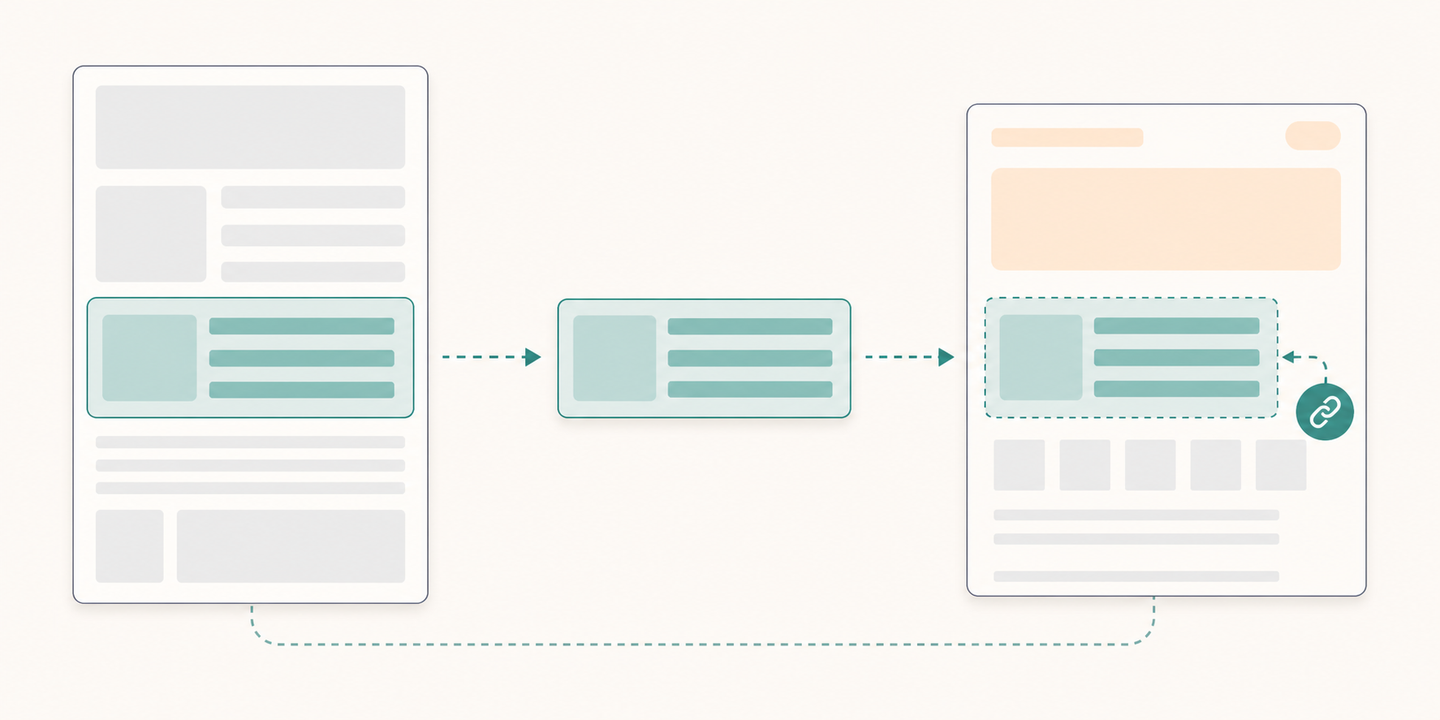 Create a clean, restrained editorial illustration explaining passage-level extraction for AI search citations. Wide landscape composition, off-white background, navy outlines, teal highlights, subtle shadows. On the left, a tall abstract document composed of separated rectangular content modules; highlight one self-contained module in teal while the others remain pale gray. In the center, show that same teal module lifted out intact, with ample surrounding whitespace. On the right, show an abstract answer panel incorporating the teal module, with a small chain-link icon visually connecting it back to its source document. Use simple directional arrows to communicate extraction and source attribution. All document interiors must be solid geometric blocks, not simulated writing. Professional schematic aesthetic, precise spacing, no robots or decorative clutter. No text, words, letters, numbers, typography, labels, logos, or watermarks anywhere in the image.