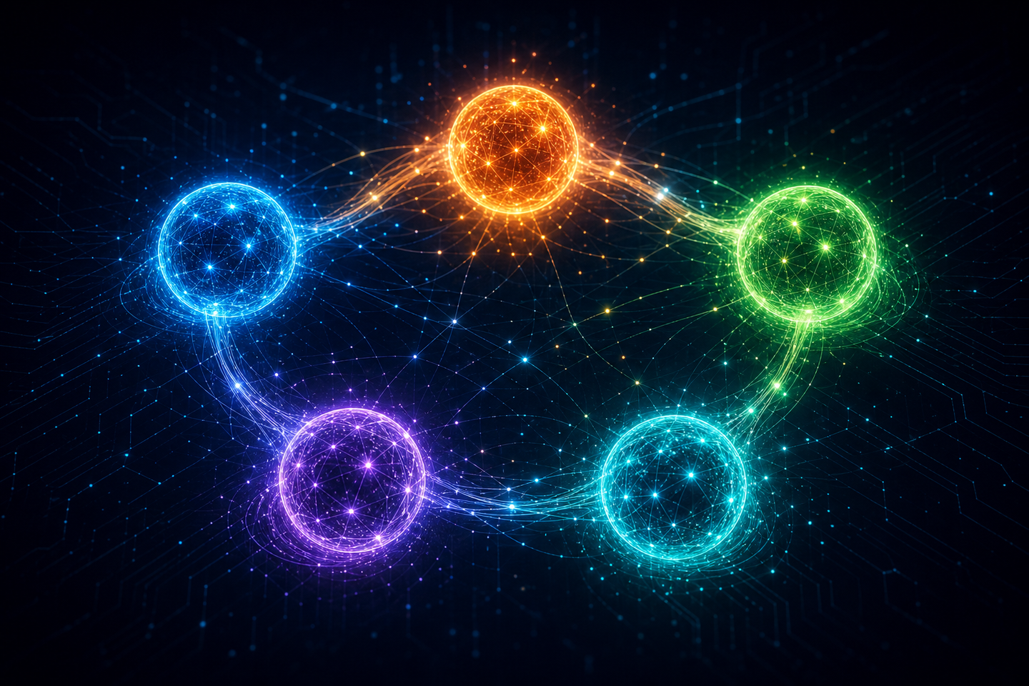 Five glowing digital spheres arranged in a constellation pattern, each a different color representing distinct AI engines, connected by luminous data streams and network lines, floating in a dark deep blue digital space with abstract circuit patterns in the background, futuristic technology visualization, no text or labels