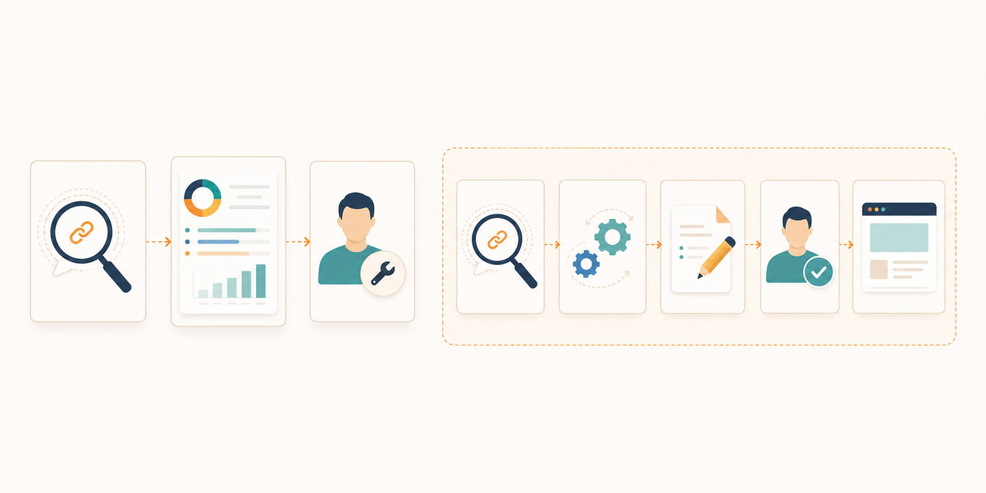 Create a clean editorial illustration of reporting versus execution for a section explaining how AI visibility tracking tools are ranked. Wide landscape, refined flat vector style, off-white background, navy outlines, teal, blue and muted amber accents. Two balanced side-by-side visual workflows using pictorial icons only. Left: a magnifying glass inspecting a speech bubble with a chain-link icon, leading to an analytics report card, then a separate human operator with a wrench, illustrating reporting followed by a manual handoff. Right: the same inspection icon leads through connected gears, a pencil editing a page, a human approval checkmark, and a published browser page, all within one softly outlined system boundary. Use simple directional arrows for workflow movement, generous whitespace and restrained professional styling. Conceptual illustration, not a product screenshot; no brand logos, performance graphs or implied ranking gains. No text, words, letters, numerals, labels, captions or watermarks anywhere.