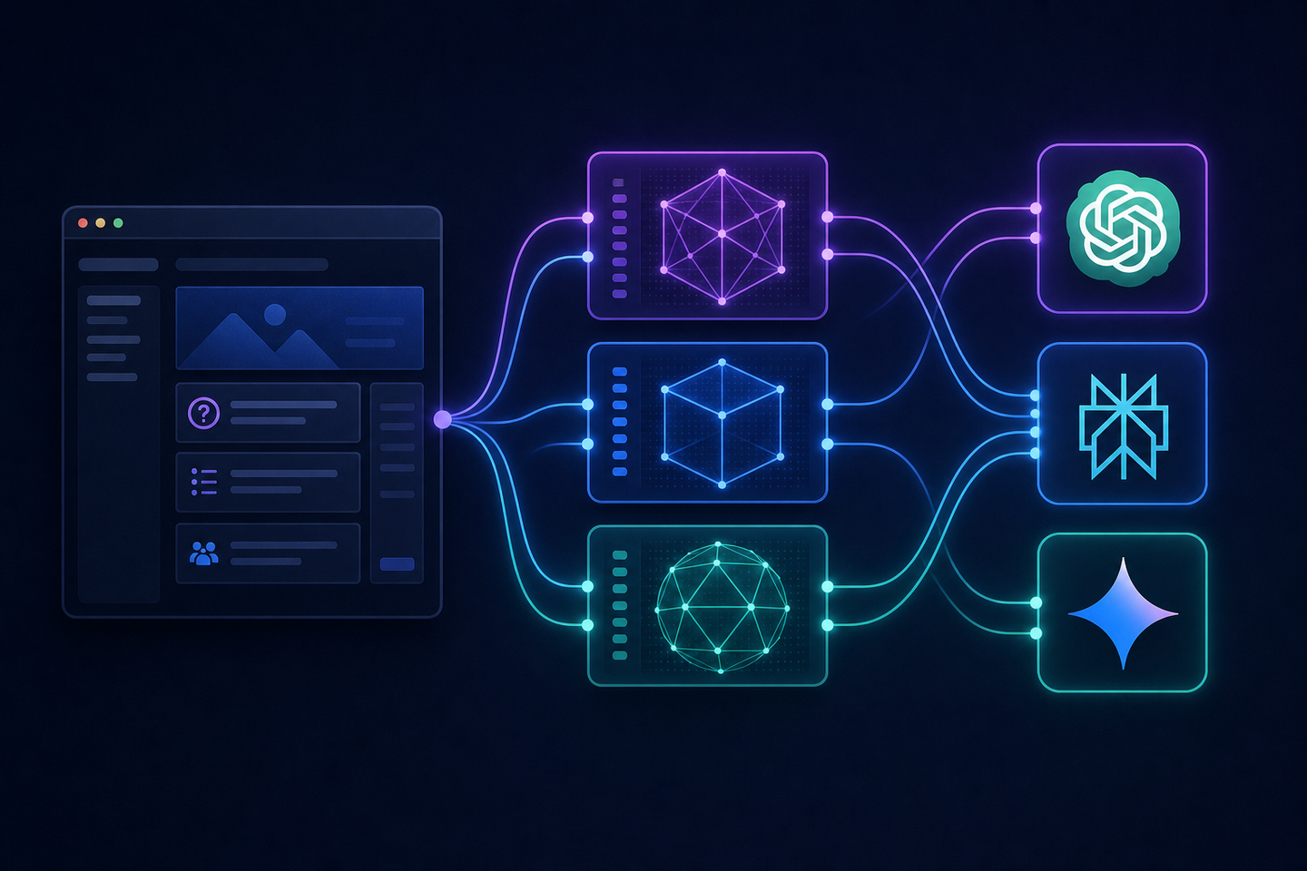 Abstract dark-background technical diagram showing structured data schema markup flowing from a developer portal webpage into multiple AI engine nodes — representing FAQPage, HowTo, and Organization schema types as glowing geometric blocks with labeled connection lines routing into ChatGPT, Perplexity, and Google AI Overview icons, using deep blues and purples with neon accent highlights, modern data visualization aesthetic, no text or labels