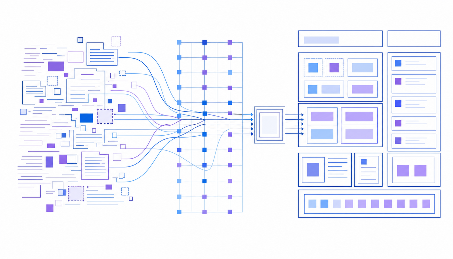 A clean technical illustration showing structured data and schema markup concept: abstract geometric representation of raw unstructured content on the left transforming into organized, labeled data boxes and fields on the right. Use flowing lines connecting messy text blocks to clean structured containers with defined sections. Professional blue and purple color scheme with white background. Modern, minimalist style showing data organization and parsing.