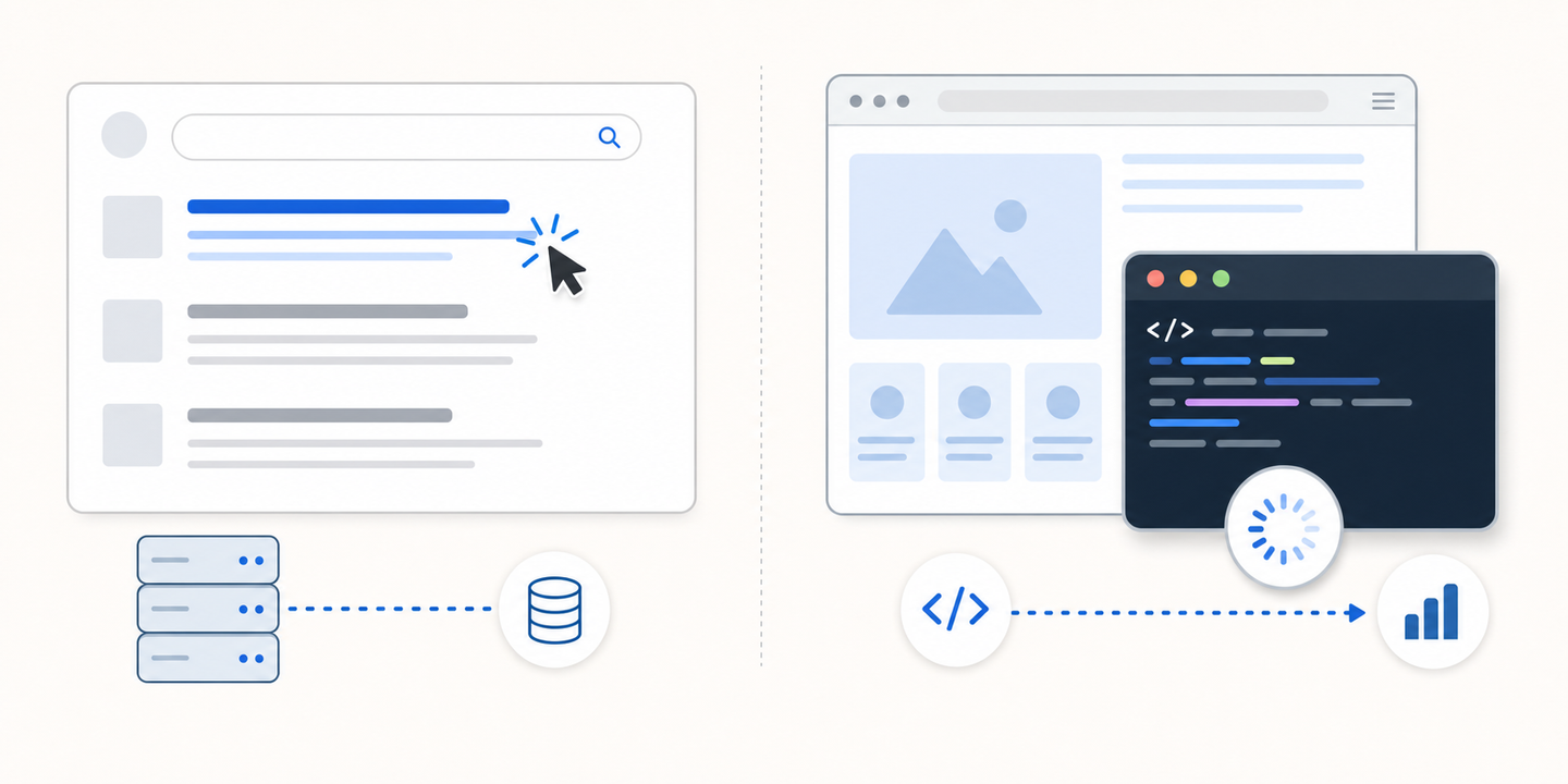 A split-screen diagram showing two distinct measurement stages: on the left, a search results page with a cursor clicking a link (representing server-side Google tracking), and on the right, a browser window with a webpage loading and JavaScript code executing (representing client-side analytics tracking). Clean, technical illustration style with a clear visual separation between the two stages. Use blues and grays for a professional analytics dashboard aesthetic. No text or labels.