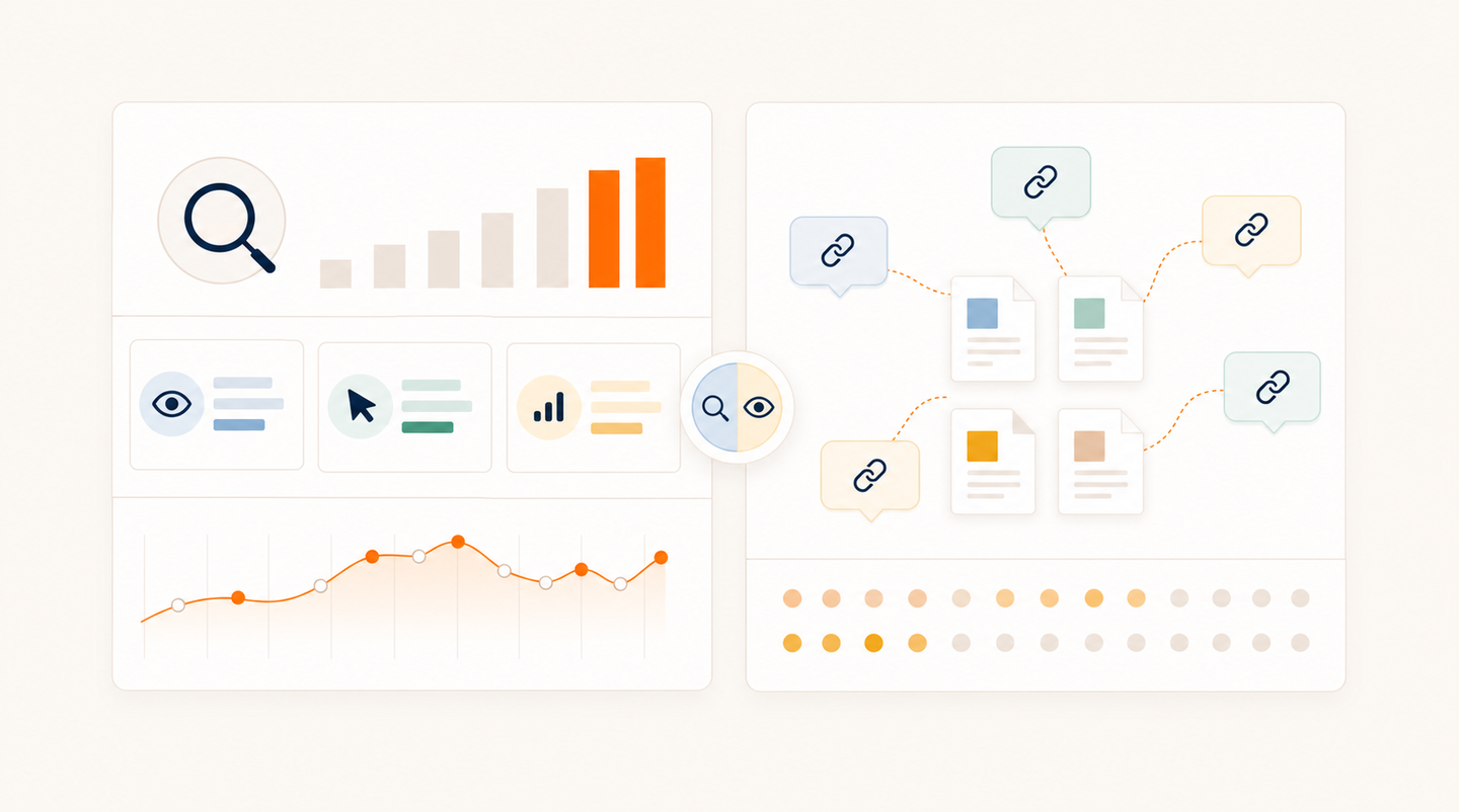 Create a professional editorial illustration about measuring traditional search performance separately from AI citation visibility. Wide landscape composition with two equally sized, clearly separated dashboard panels. Left panel uses a magnifying glass, an eye icon, a mouse pointer and abstract bars to evoke search impressions, clicks and rankings. Right panel uses a cluster of speech bubbles with chain-link icons connecting to document silhouettes, plus a ring of highlighted and muted dots to evoke citation tracking across repeated prompts. Keep the panels visually distinct rather than combining them into one score. Conceptual illustration only, no real data or implied numerical performance claims. Crisp vector-like forms, restrained navy, teal and warm amber palette, off-white background, generous negative space, measured technical editorial aesthetic. Entire image must be purely visual with no text, words, letters, numerals, labels, typography, logos or watermarks.