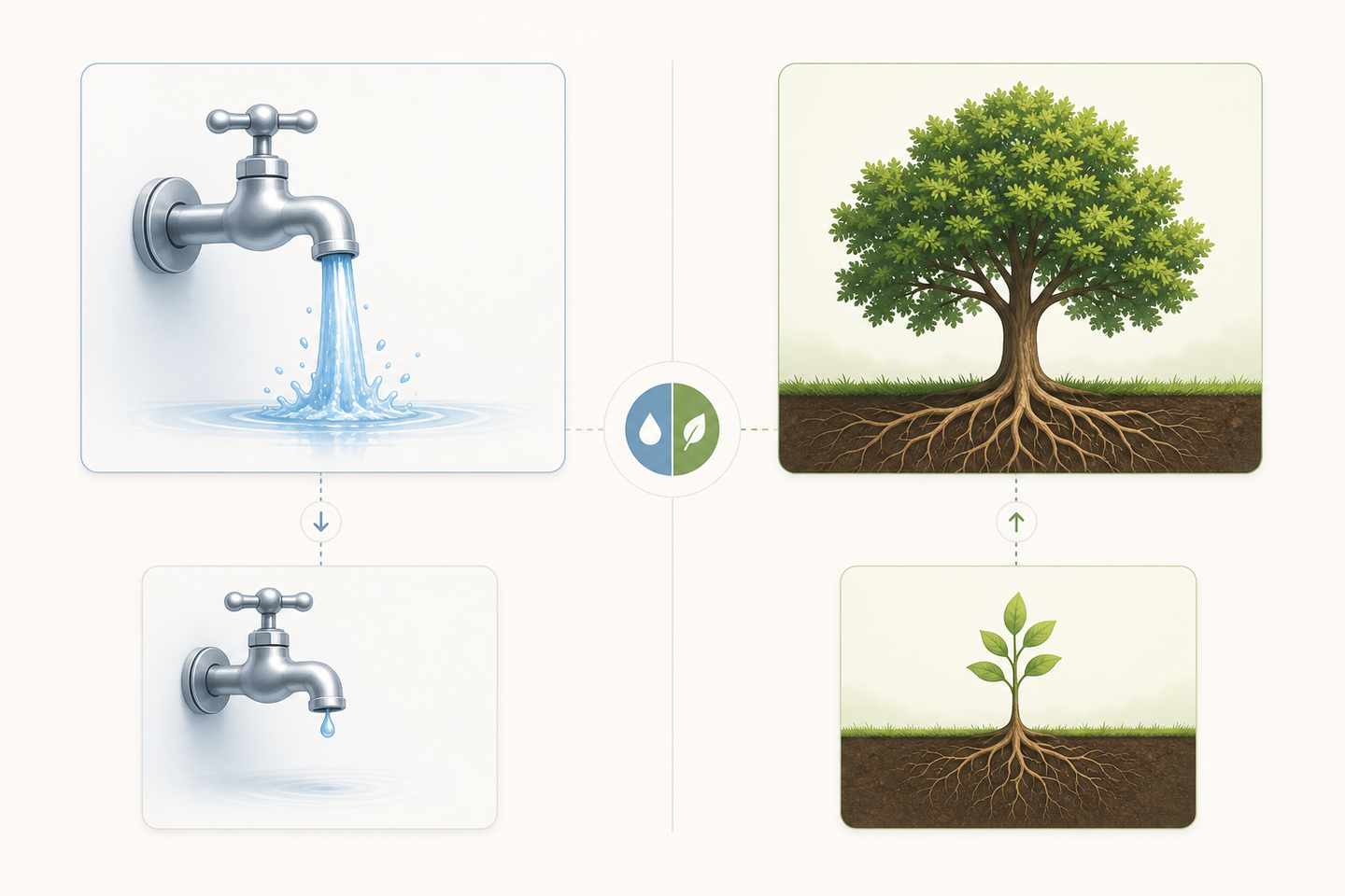 A split-scene illustration showing two contrasting paths: on the left, a faucet turned on with water flowing representing rented, temporary traffic that stops when the tap is turned off; on the right, a growing tree with deep roots representing owned content assets that compound and grow over time — clean, modern flat design style, muted professional color palette of blues and greens