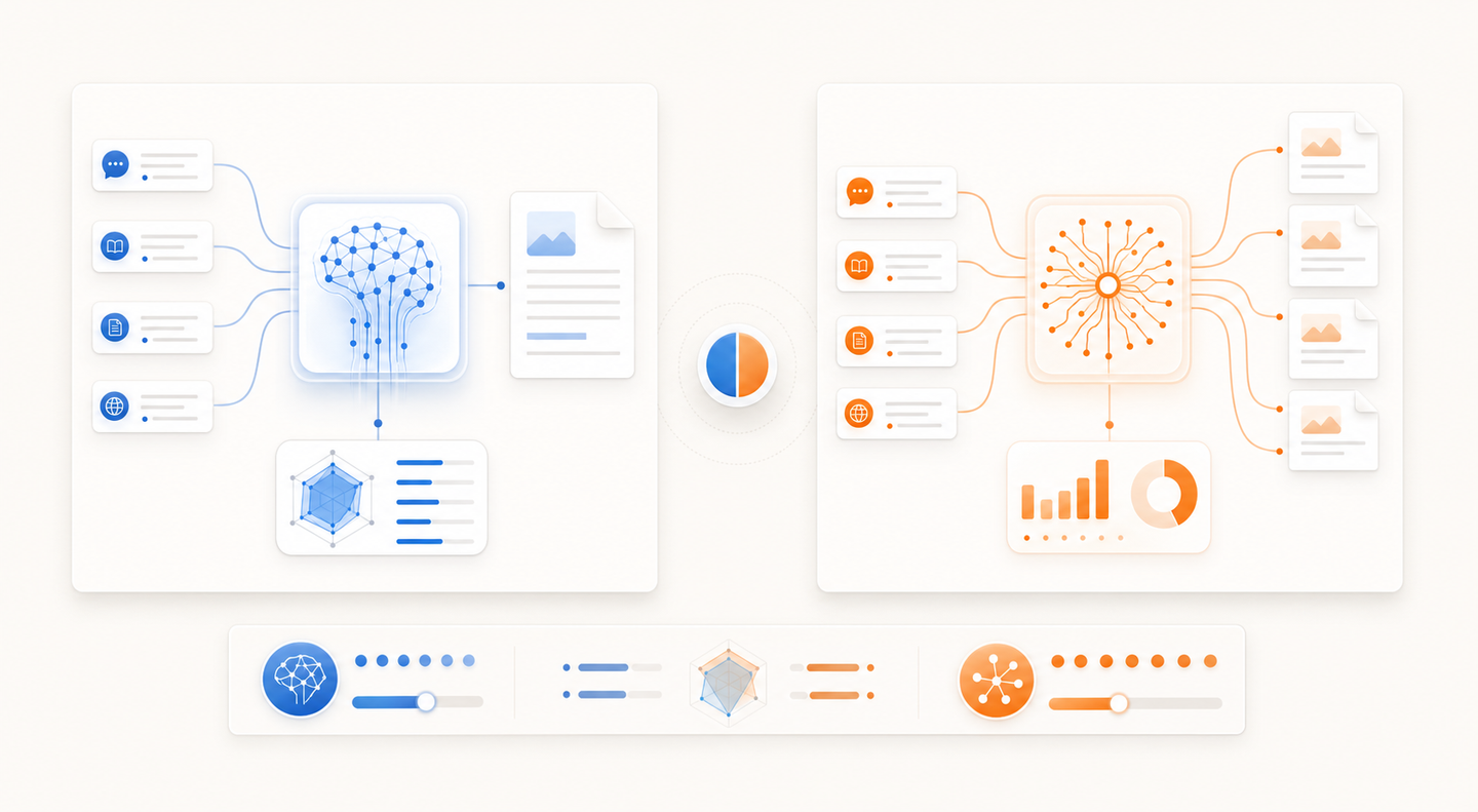 A modern abstract visualization comparing two AI language models for writing tasks - show two distinct processing systems side by side with flowing text streams, document outputs, and quality indicators. Use a clean tech aesthetic with cool blues and warm oranges to differentiate the two systems. Depict depth versus breadth through visual metaphors like deep neural pathways versus wide branching networks. Modern, professional, minimal style with no text or letters.