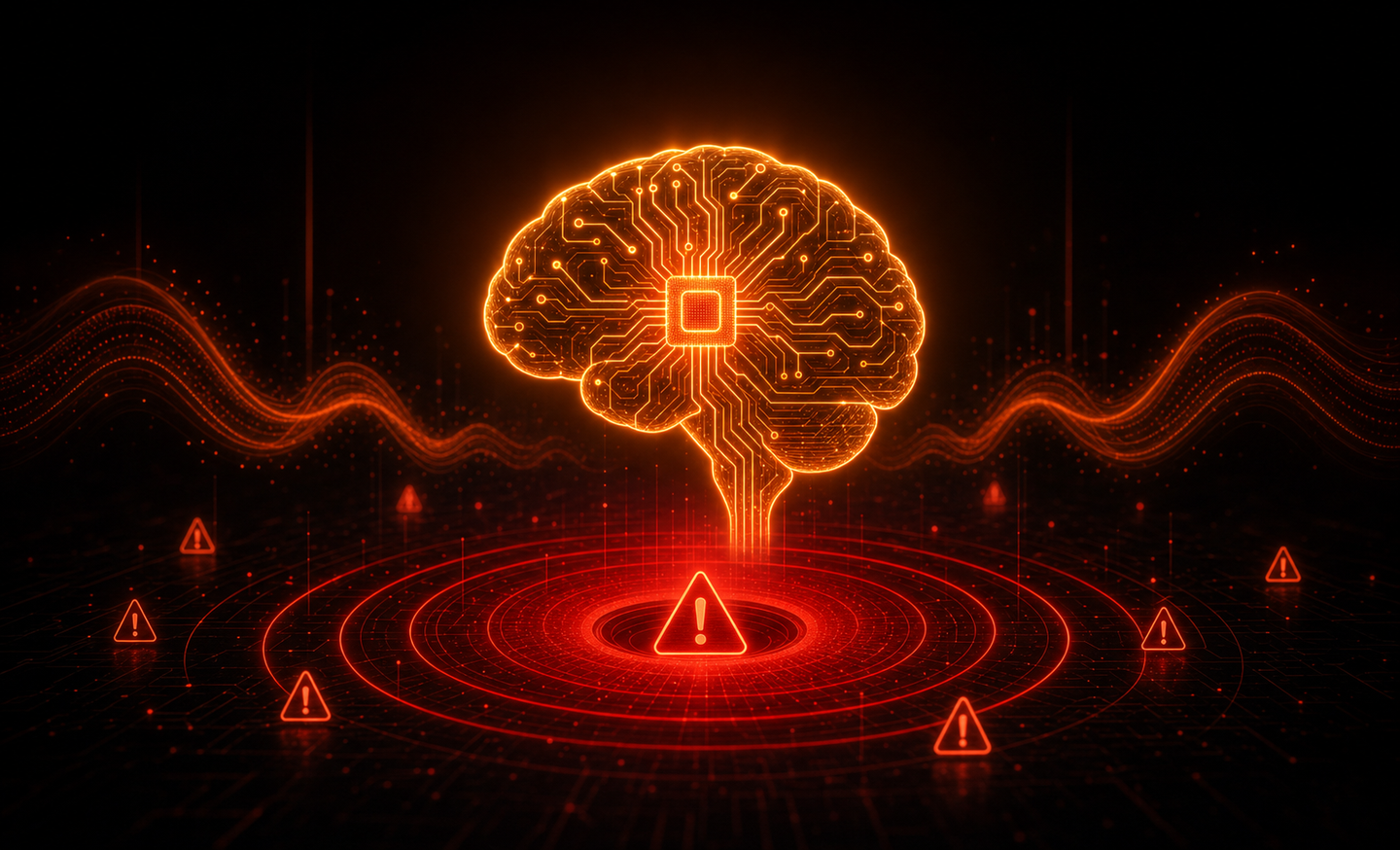 A dramatic digital illustration showing a glowing AI circuit brain hovering above a red warning zone, with abstract signal waves and danger indicators radiating outward, dark background with red and orange warning light gradients, no people, clean and minimal tech aesthetic