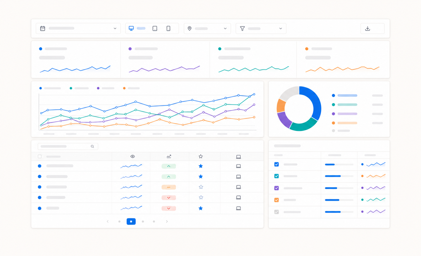A clean, modern dashboard interface showing search analytics data with line graphs tracking keyword position trends over time, data tables displaying search queries with columns for impressions and rankings, and filter controls for date ranges and devices. The interface uses a professional color scheme with blue accent colors, white background, and organized data visualization elements. Focus on the analytical dashboard aesthetic with performance metrics and trend lines.