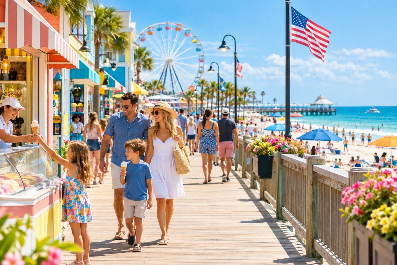 A bright, bustling seaside boardwalk at midday: colorful shopfronts, an ice-cream stand, a ferris wheel in the distance, families strolling, flags fluttering, white sand and blue ocean beyond