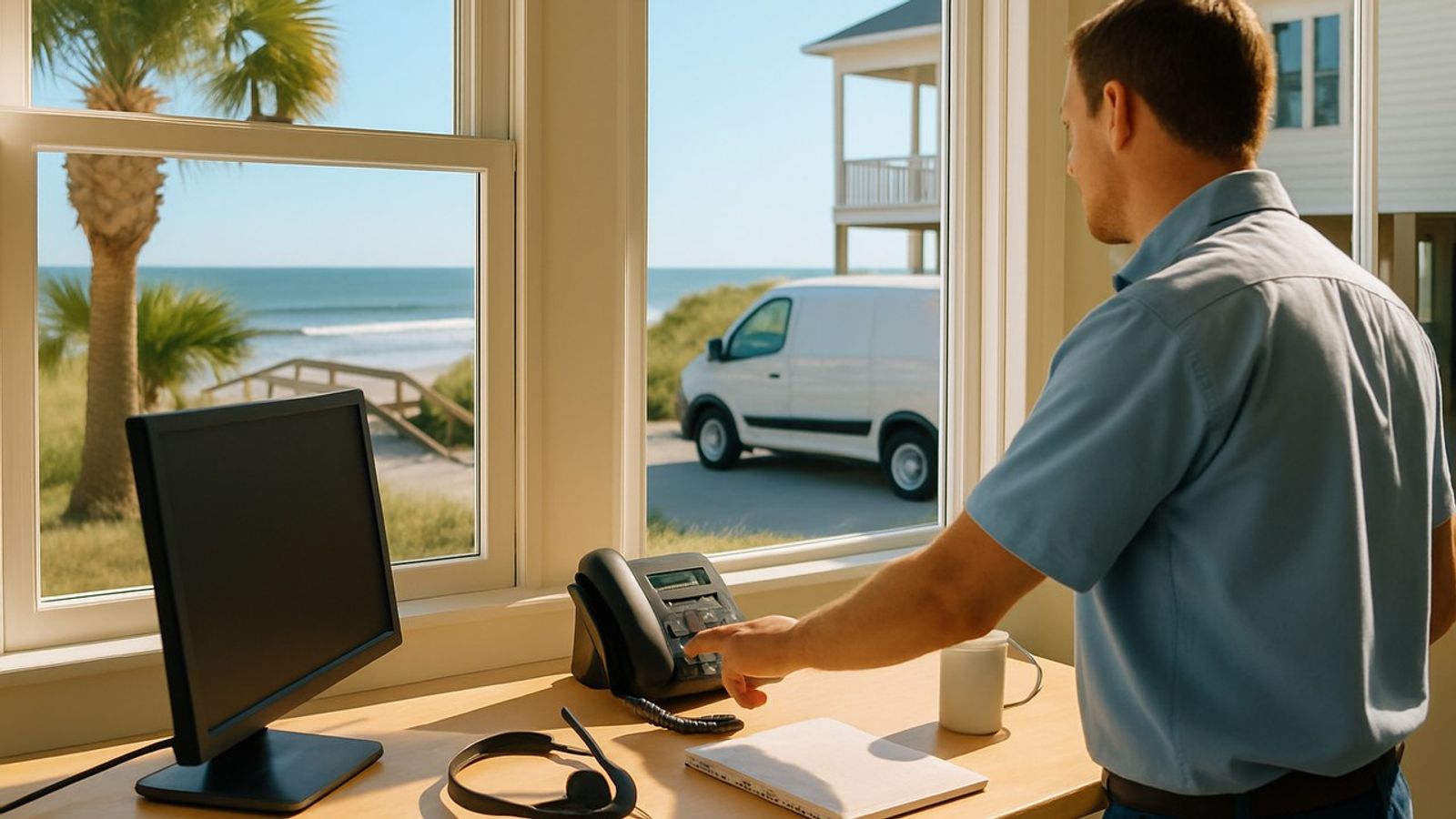 A home services dispatcher reaching for a desk phone in a sunlit coastal office, with palmetto palms, a dune walkover, the Atlantic and an unmarked white service van visible through the windows