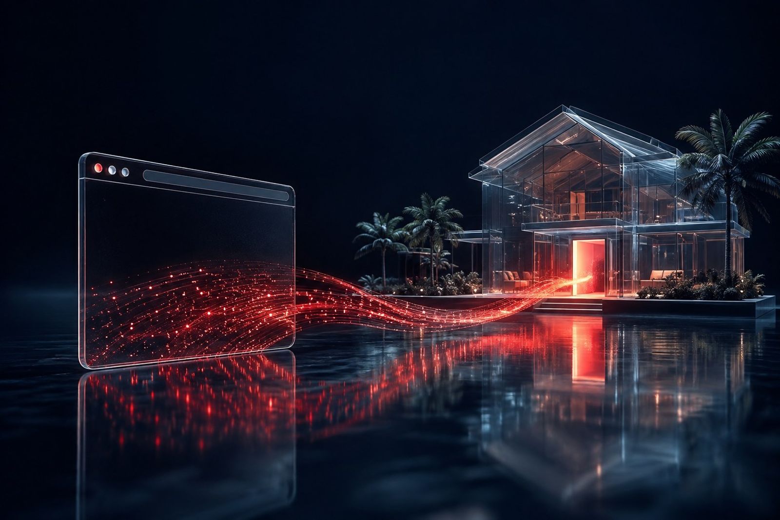 Translucent glass beach house with a red glowing path of data particles leading from a browser window into its open door on a deep navy background