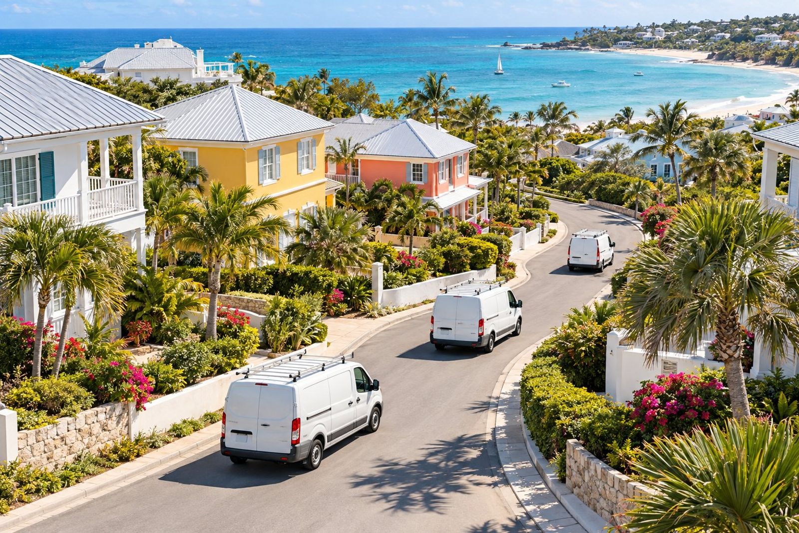 A bright aerial view of a sunny seaside town's winding streets with three clean white service vans driving along palm-lined roads toward colorful houses, ocean at the edge of the frame