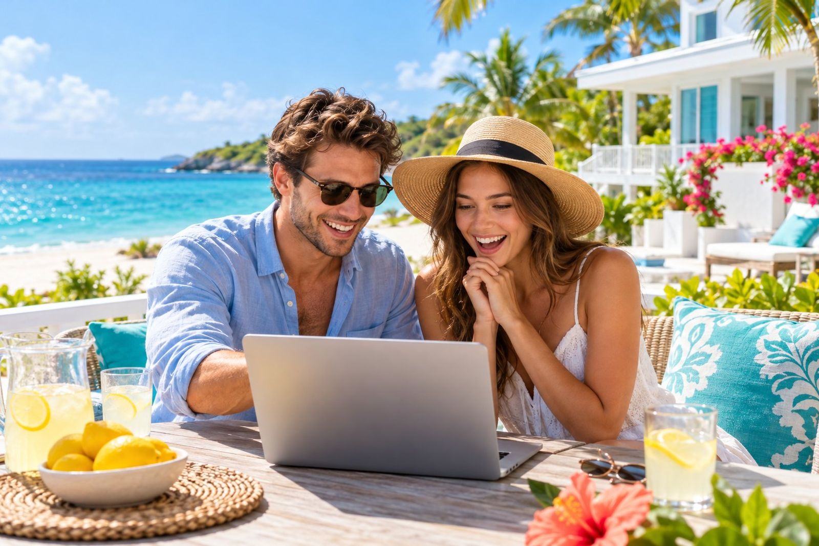 A young couple on a sunny patio with the ocean behind them, leaning over a laptop together, delighted, about to book a trip