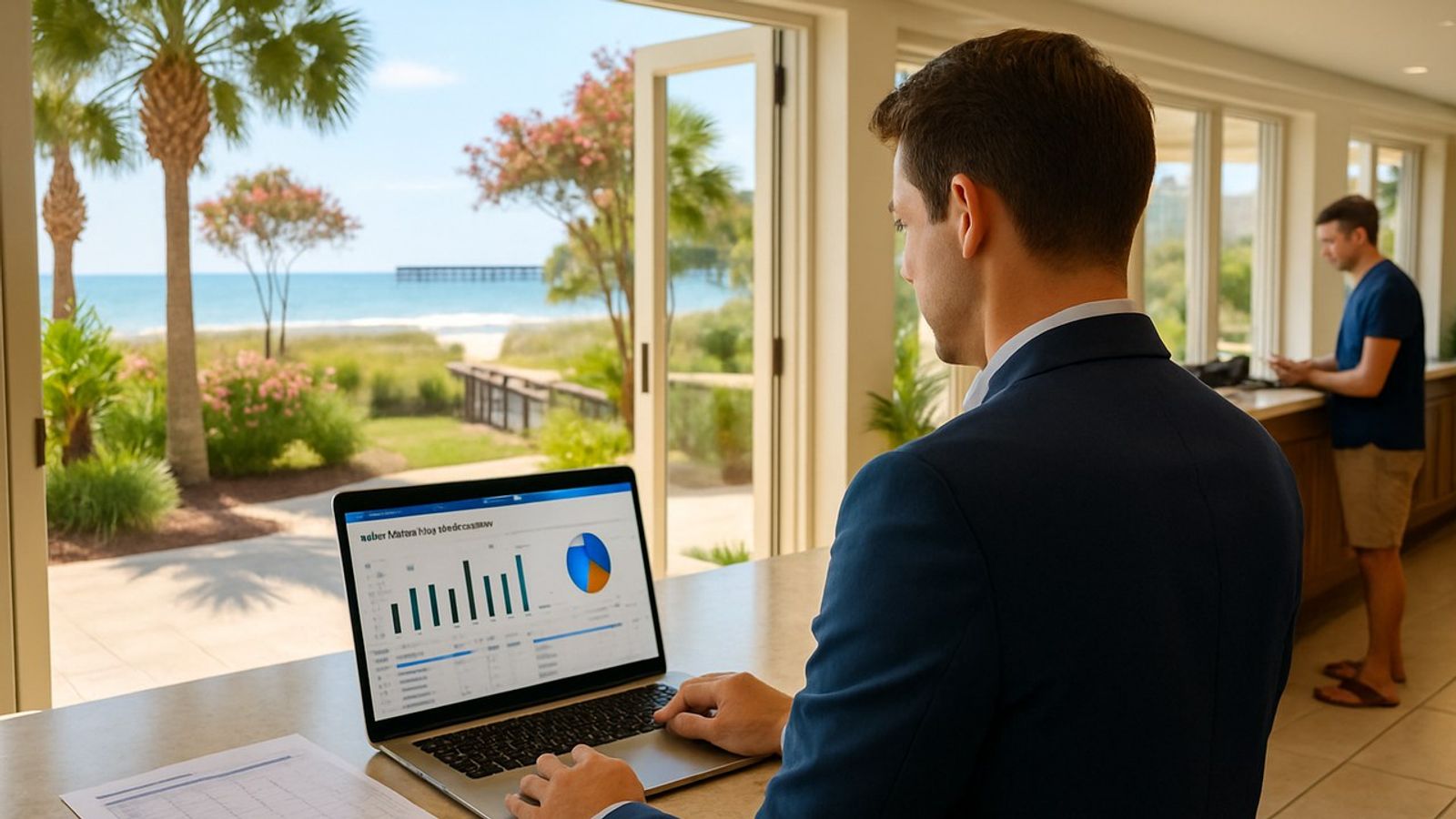 A hotel operations manager reviewing a booking and revenue report on a laptop at the front desk of a sunlit beachfront hotel lobby, with palmetto palms, sea oats, a dune walkover and a wooden fishing pier visible through open glass doors