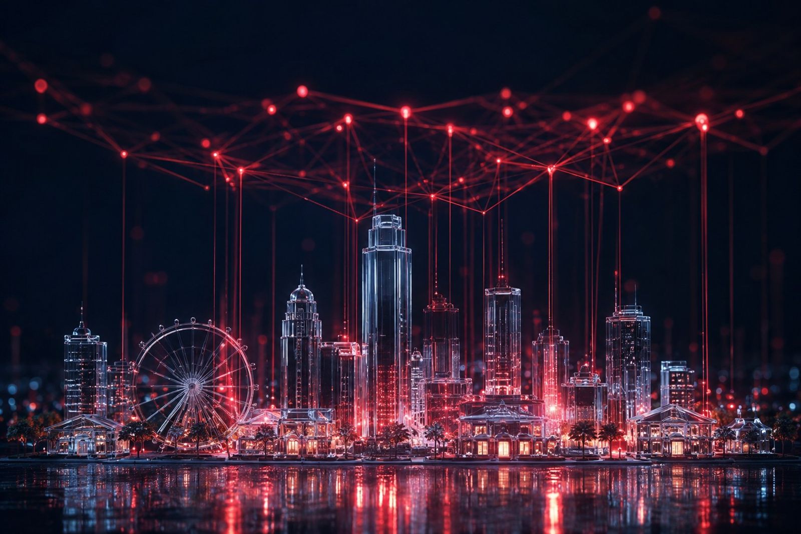 Translucent glass Myrtle Beach skyline with Ferris wheel connected by glowing red data network lines on a deep navy background