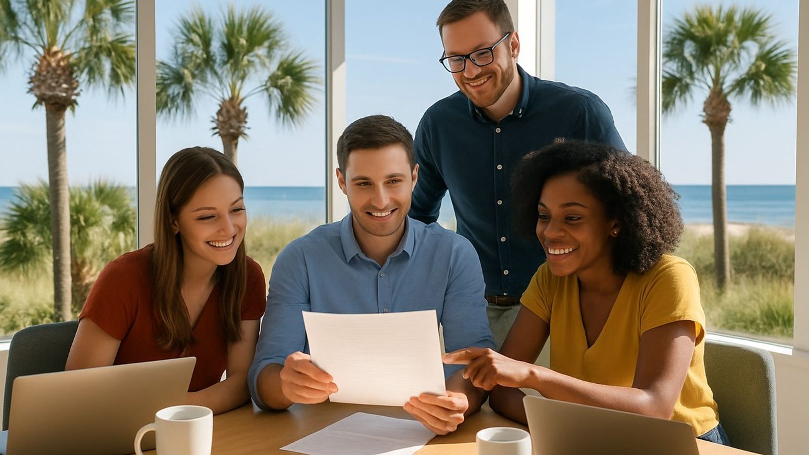 Four coworkers reviewing a single printed AI use policy page at a table in a sunlit coastal office overlooking palms and the Atlantic