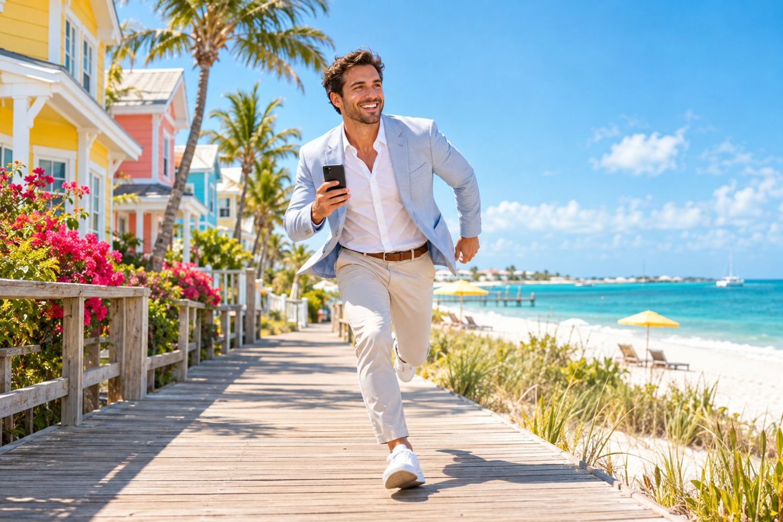 A real-estate agent sprinting playfully down a sunny boardwalk in a light blazer and sneakers, phone in hand, big grin, colorful beach houses and bright blue sky behind