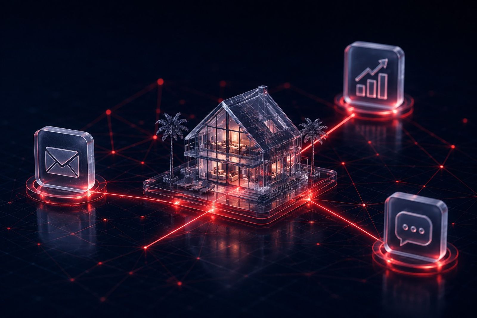 Translucent glass beach house at the center of a glowing red network connecting an email icon, chart, and chat bubble on a deep navy background